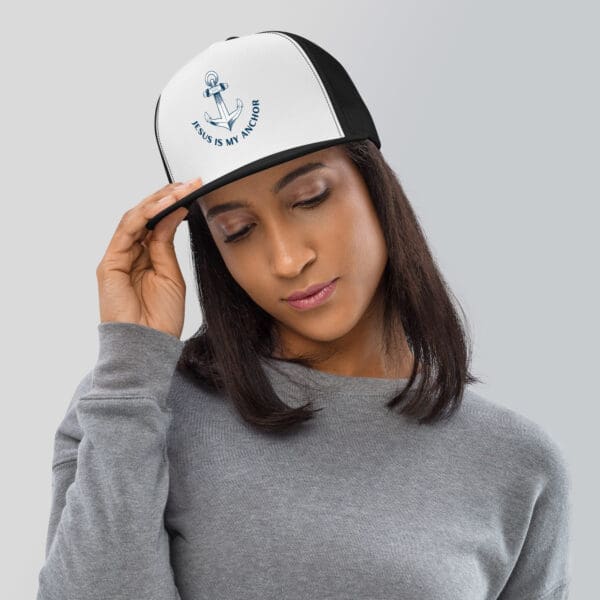 Christian Trucker Hat Jesus Is My Anchor female model