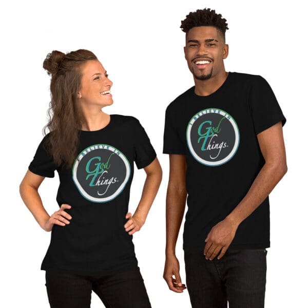 Christian T-Shirt I Believe In God Things colorful design male and female models