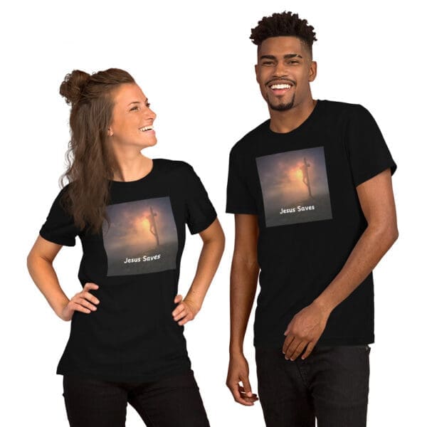 Christian T-Shirt Jesus Saves on Cross male and female models