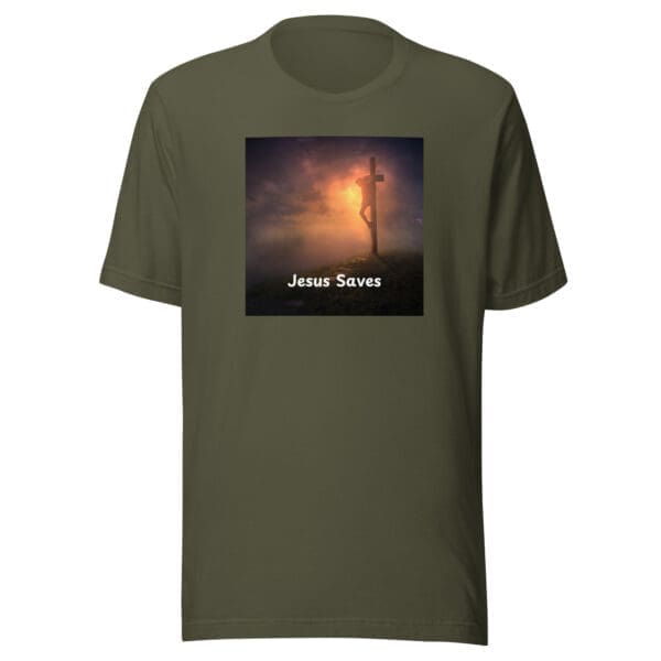 Christian T-Shirt Jesus Saves on Cross military green