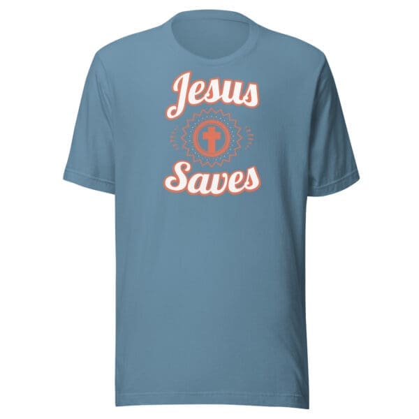 Christian T-Shirt Jesus Saves Steel Blue