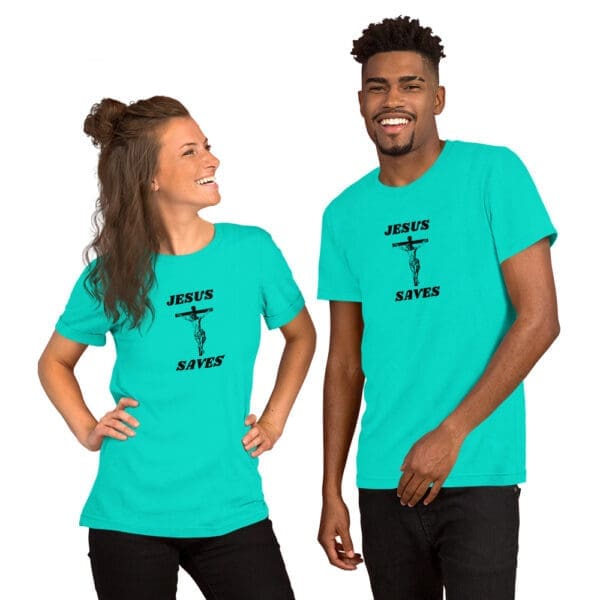 Jesus Saves t-shirt crucified male and female models